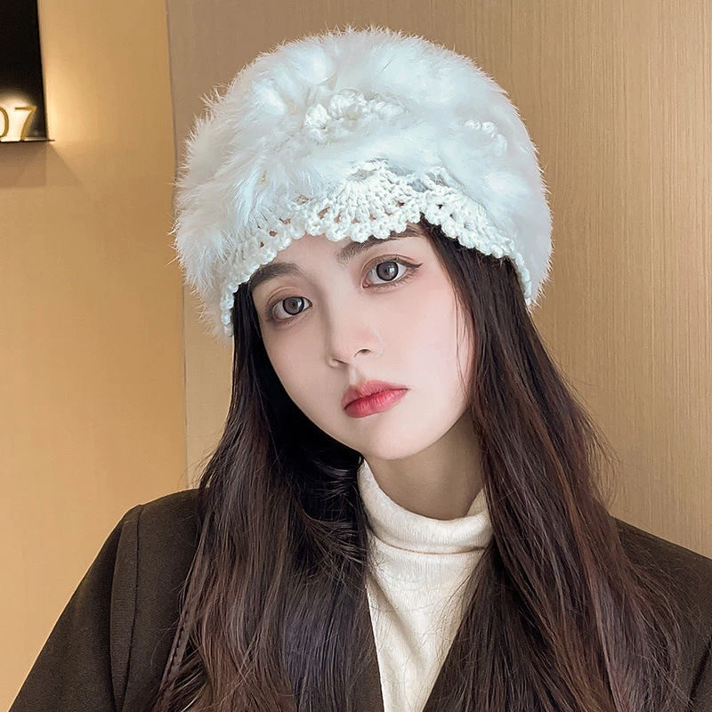 兔毛皮草帽子女白色毛毛帽针织毛线帽毛绒保暖秋冬季气质包头帽