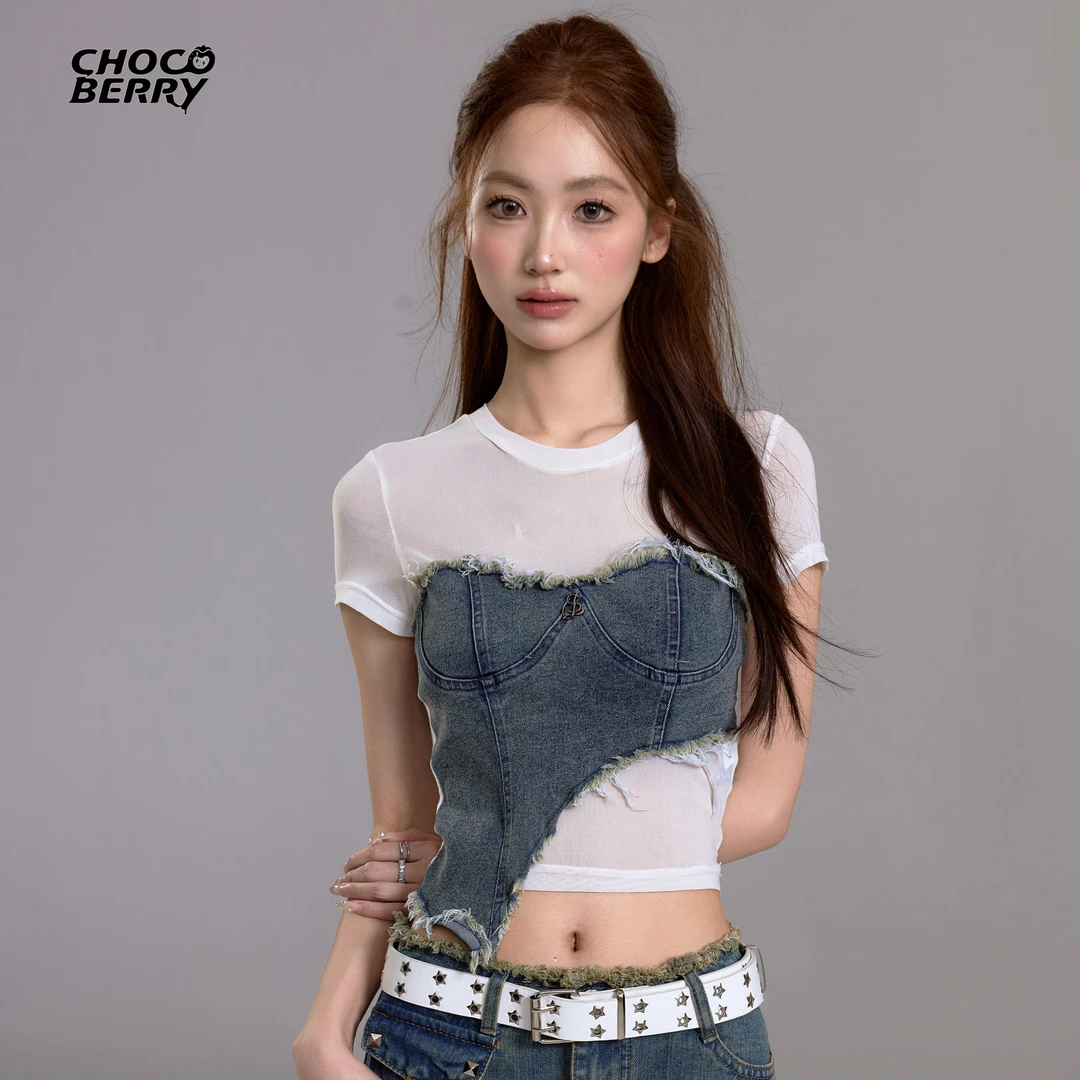 巧克莓 修身圆领短款牛仔拼接短袖