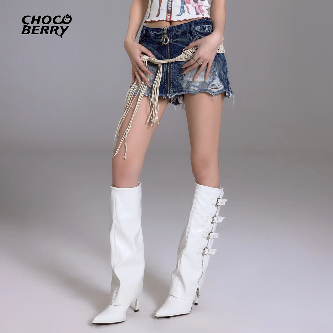 巧克莓 低腰拉链破洞毛边牛仔短裙
