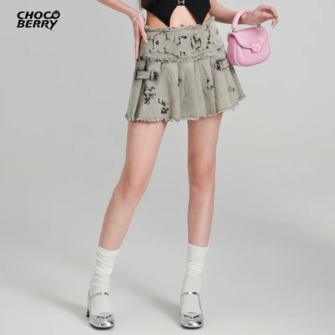巧克莓 牛仔破坏短裙