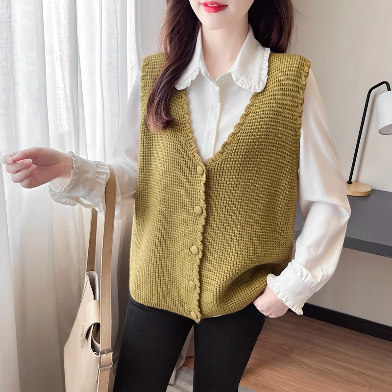 华夫格V领针织马甲开衫女2025春装新款韩版洋气小个子百搭背心上