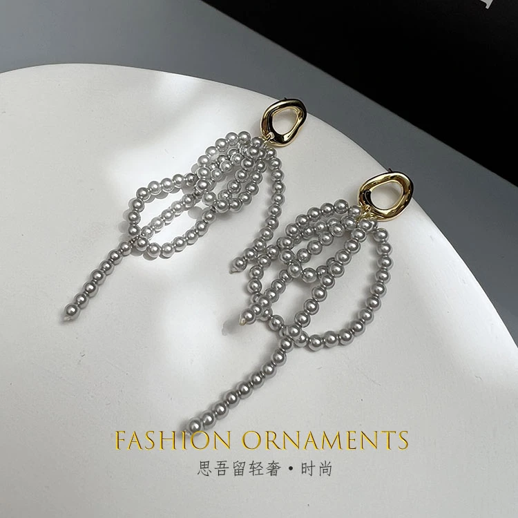 铜合金耳饰 气质小米珠蝴蝶结长款淑女耳钉0607