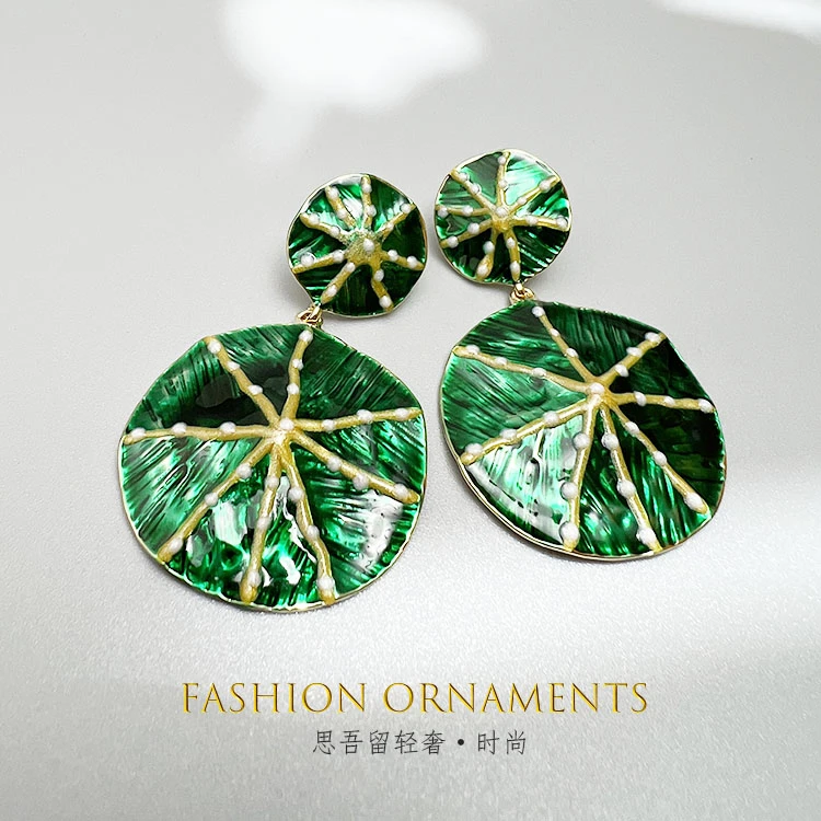 铜合金耳饰 荷叶莲莲 清新绿色滴釉工艺长款时尚个性耳钉0462