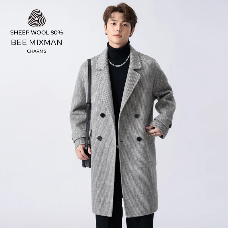双排扣高级感双面呢大衣中长款冬季宽松千鸟格子羊毛呢子男大衣