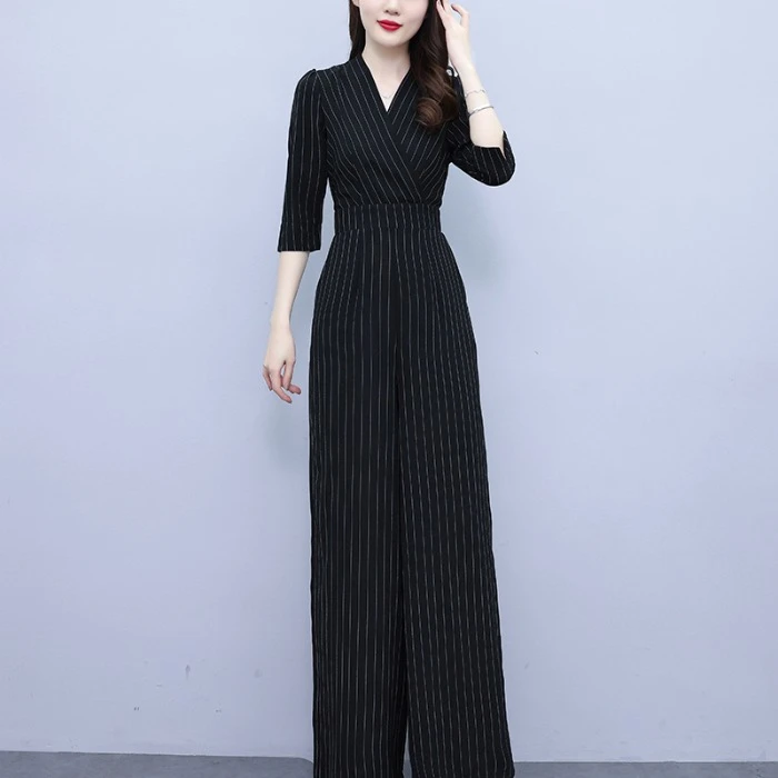 黑色条纹长袖连体衣女2023年秋季新品修身显瘦高腰长款阔腿裤套装