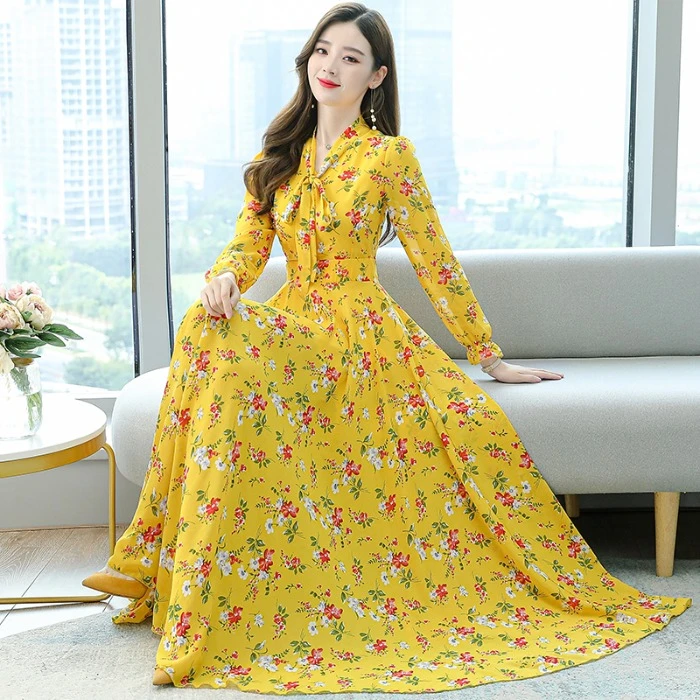 长袖V领蝴蝶结连衣裙女2023春季新款收腰显瘦大摆过膝长款连衣裙