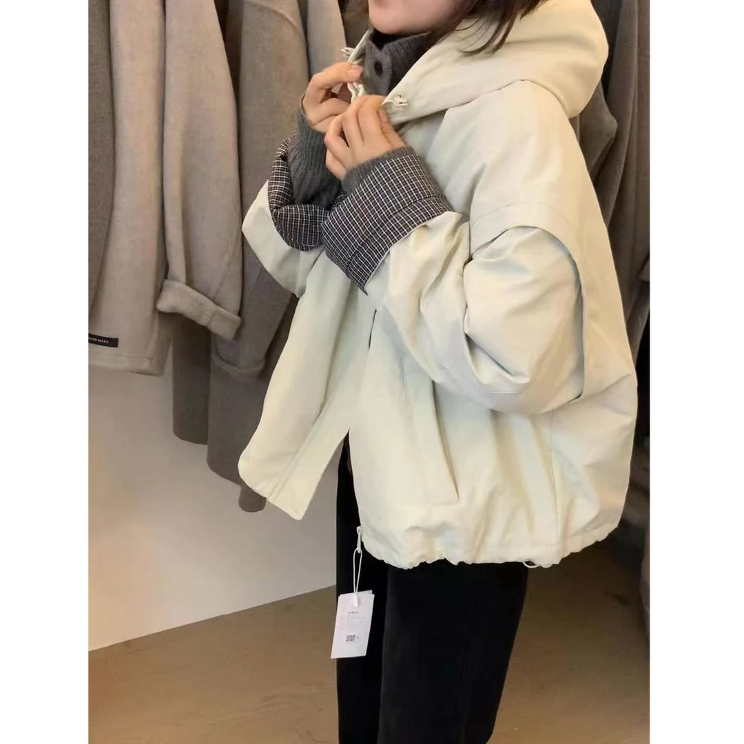 冲锋衣羽绒服连帽设计感下摆抽绳宽松加厚工装风洋气袖子翻袖格子