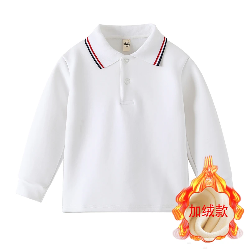 男童白色加绒POLO衫儿童T恤女童保暖打底衫中大童校服秋冬季上衣