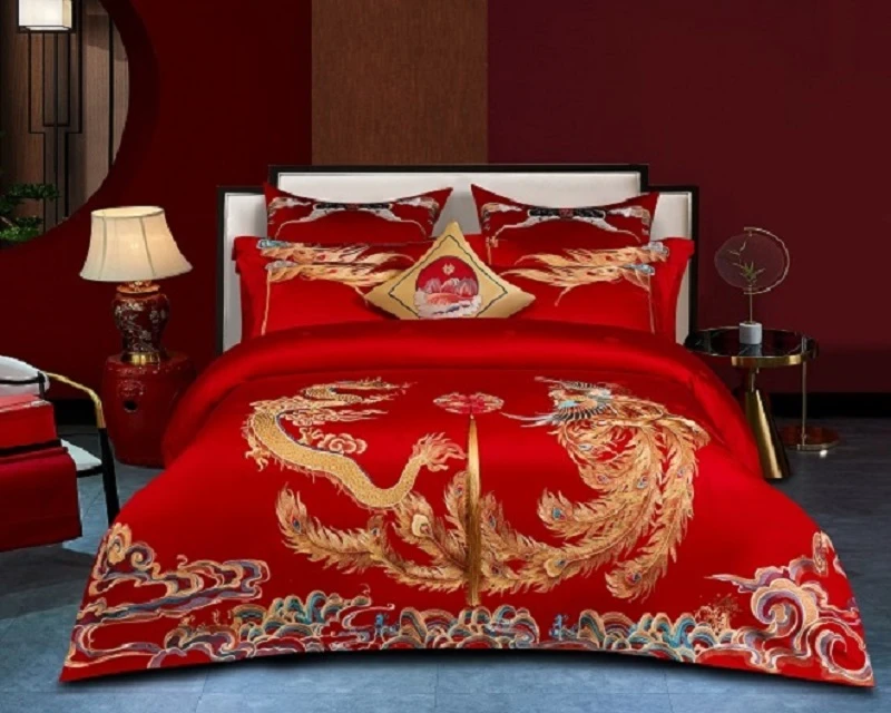 【盛世红妆】全棉贡缎婚庆绣花长绒棉匹马棉大红刺绣四件套多件套
