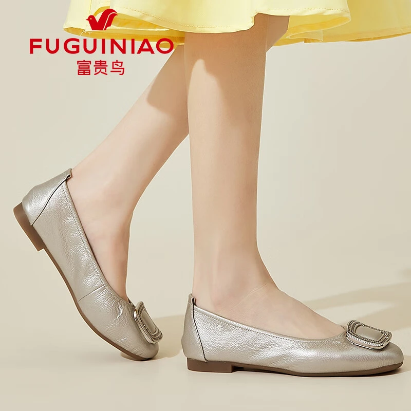 FUGUINIAO/富贵鸟方头豆豆鞋女2024夏季新款一脚蹬中年妈妈鞋女