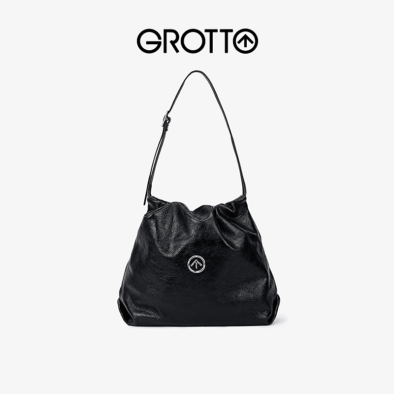 GROTTO个乐23年秋冬新款真皮垃圾袋小号单肩斜挎包美拉德五金女孩