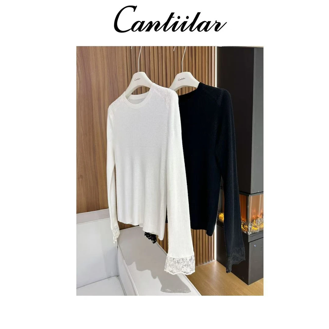 CANTIILAR “小女人”重工蕾丝拼接绵羊毛针织打底上衣56136