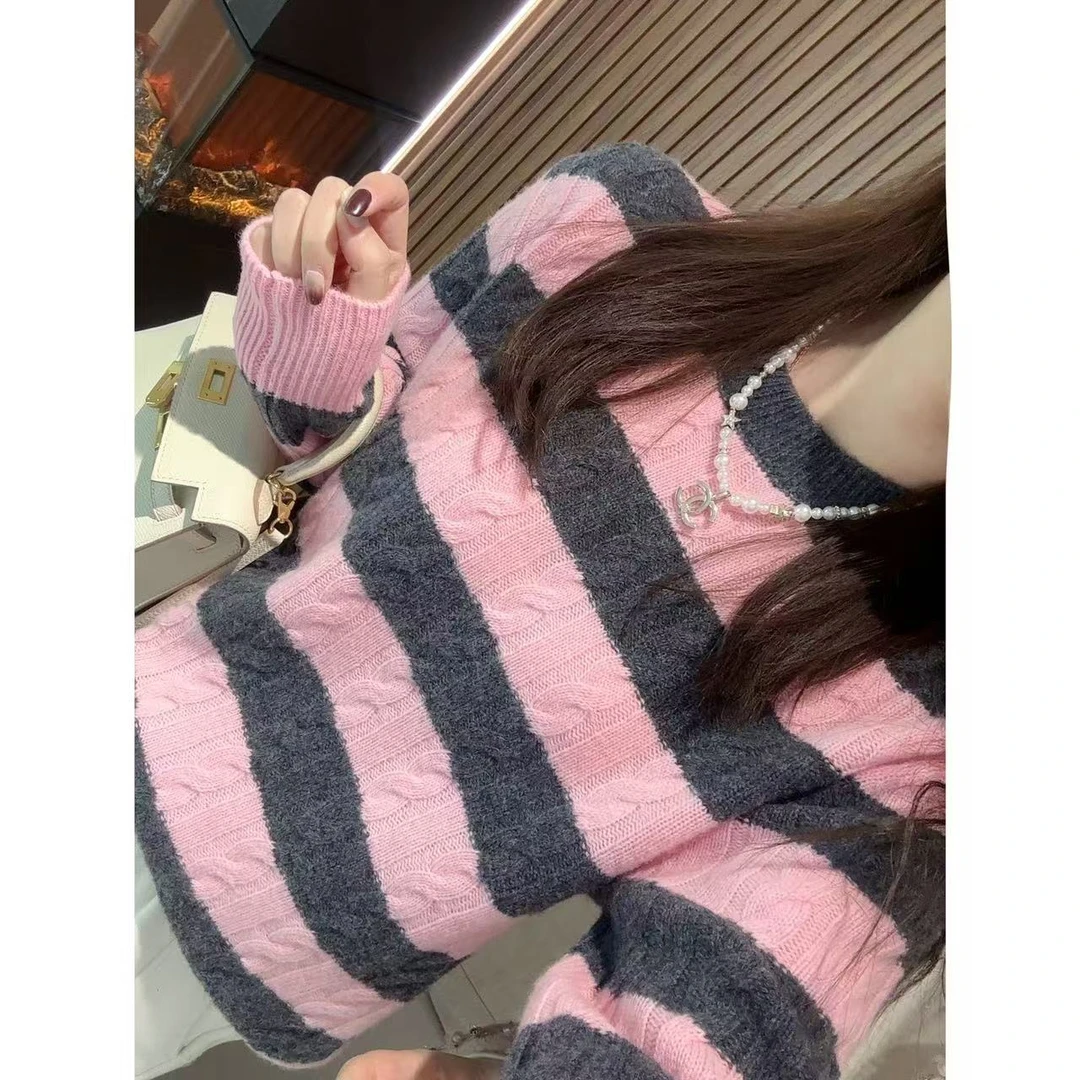 CANTIILAR “粉佳人”100绵羊毛条纹撞色针织毛衣
