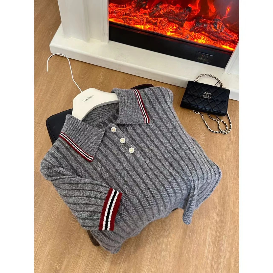 CANTIILAR 【缪系针织短袖】针织绵羊毛翻领短袖上衣 Z253062