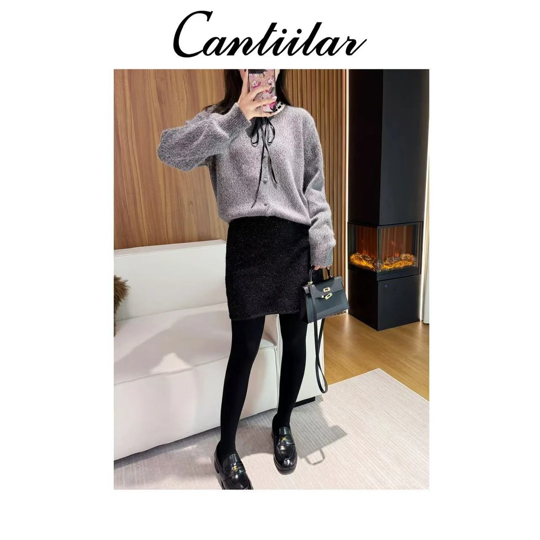 CANTIILAR  “小香短裙”秋冬氛围感亮丝包臀显瘦半身短裙 24339