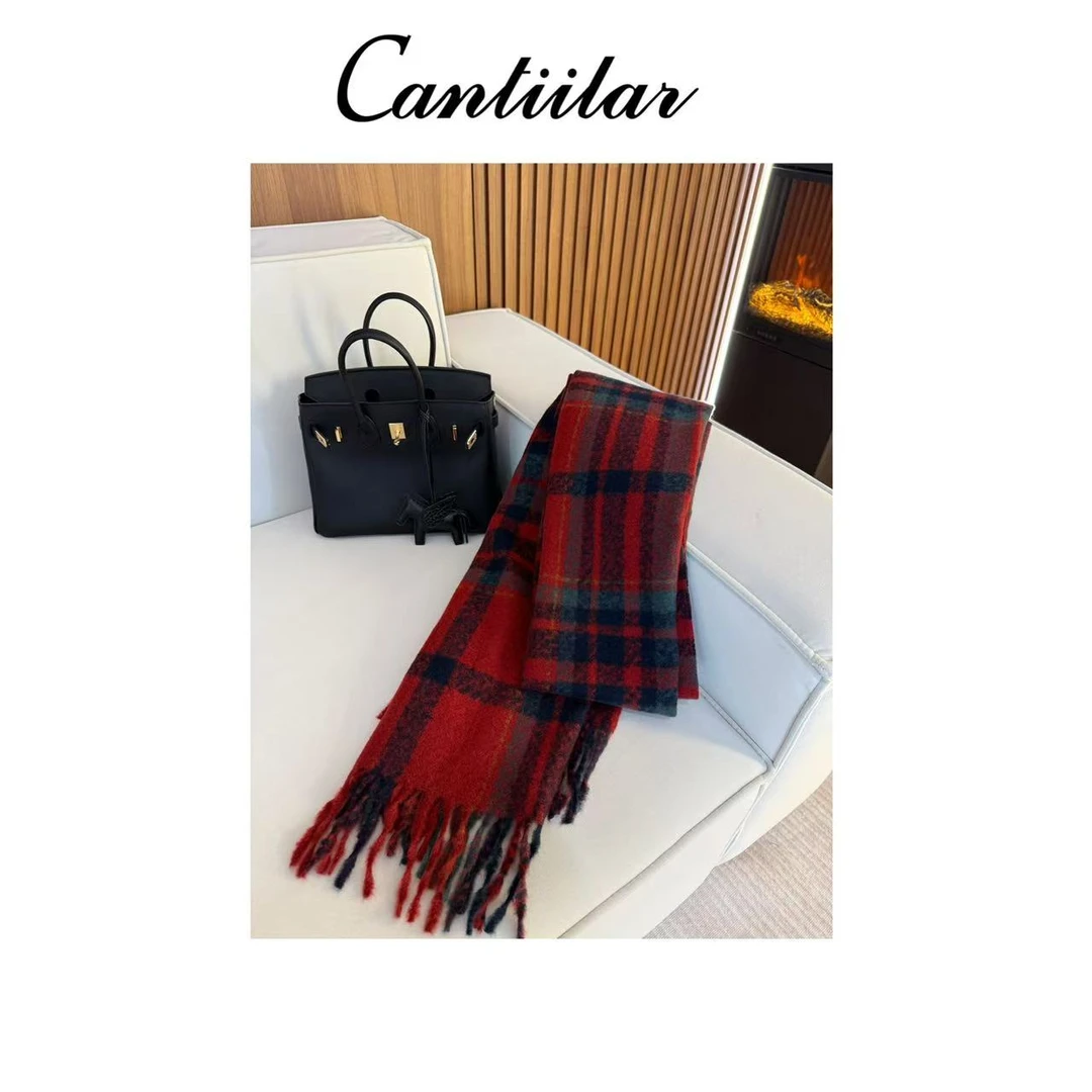 CANTIILAR “氛围感红格子围巾”冬季保暖氛围感红格子羊毛围巾