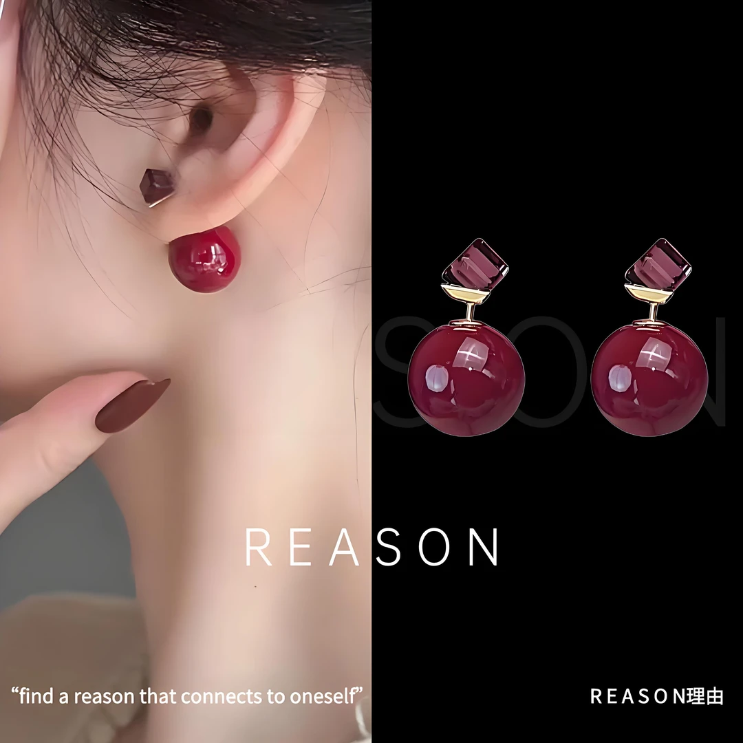 铜合金耳饰 耳钉女新款秋冬酒红色复古一款两戴百搭时尚女士耳饰