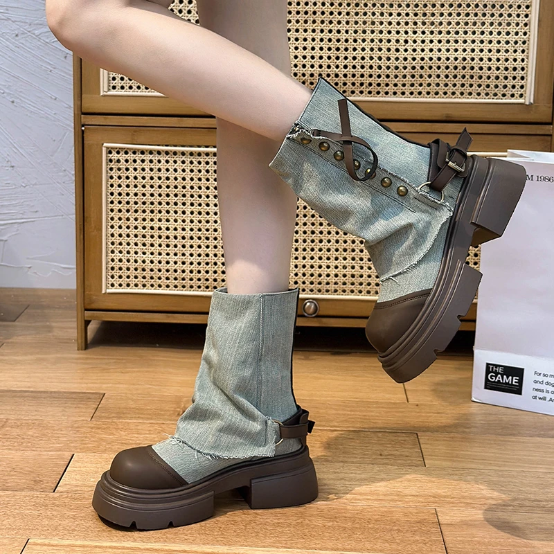 5公分/TT英伦风厚底马丁靴女秋季新款西部牛仔短靴女