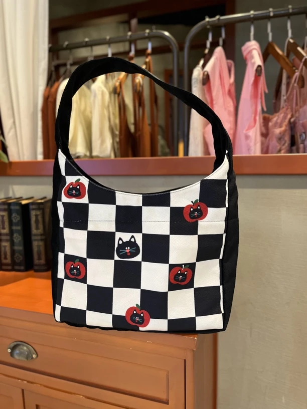 原创自制休闲时尚大容量托特包黑白格纹猫咪单肩包百搭通勤包