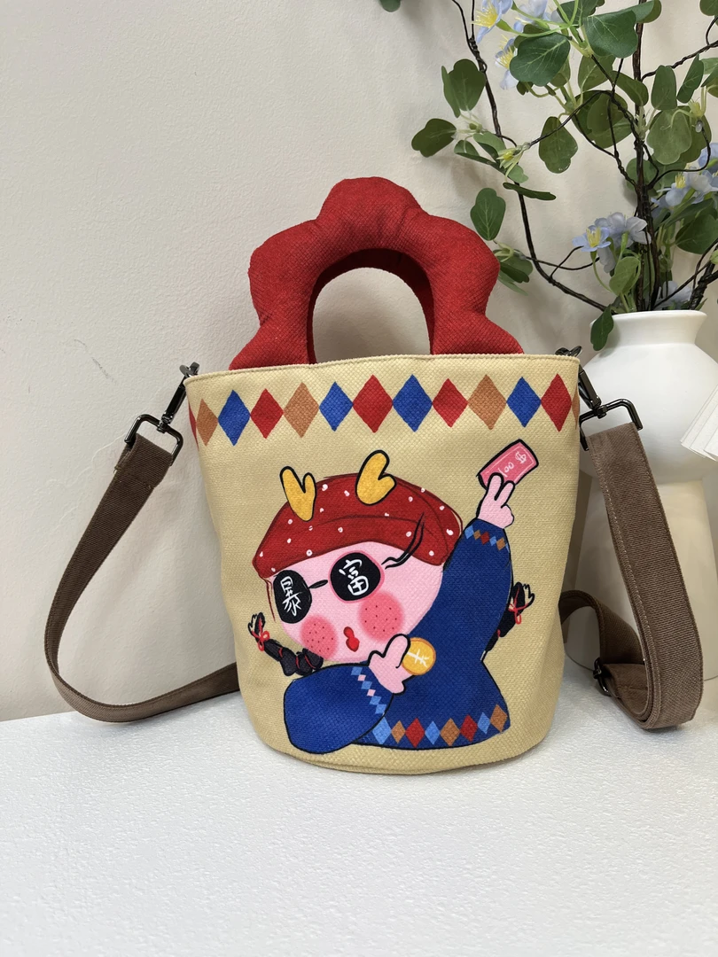 《一个小目标》原创插画可爱女孩印花时尚单肩斜挎马蹄桶包水桶包..