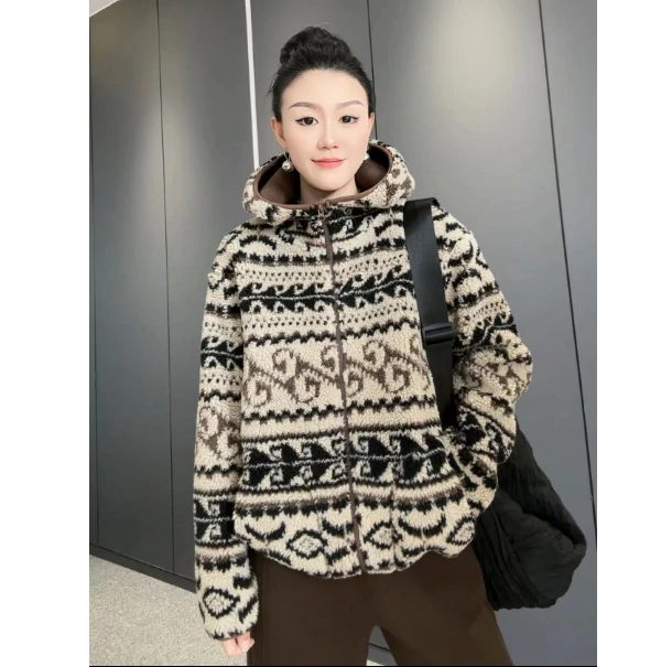 5378太谷简约设计款拉链连帽复古颗粒绒开衫