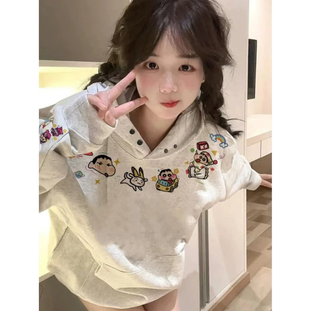 刺绣甜美韩系趣味连帽卫衣女2024秋冬新款慵懒风宽松加绒加厚上衣