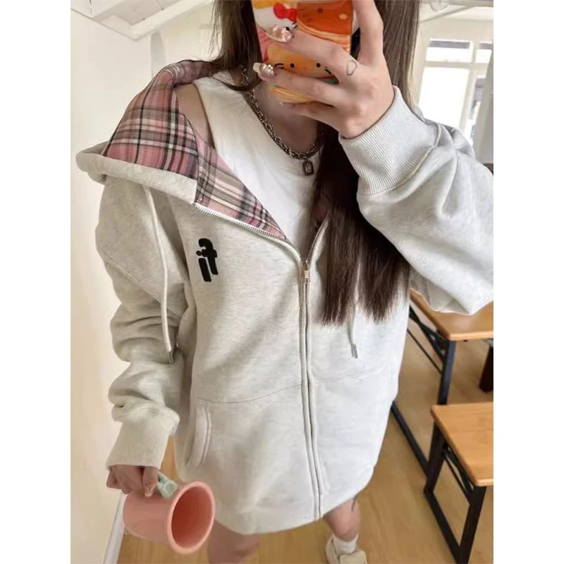 美式复古撞色格纹连帽卫衣女秋冬oversize加绒外套宽松慵懒风开衫