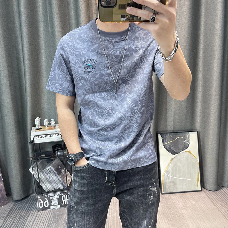 重磅印花短袖男夏季潮牌设计感T恤男士潮流高端刺绣冰丝半袖上衣
