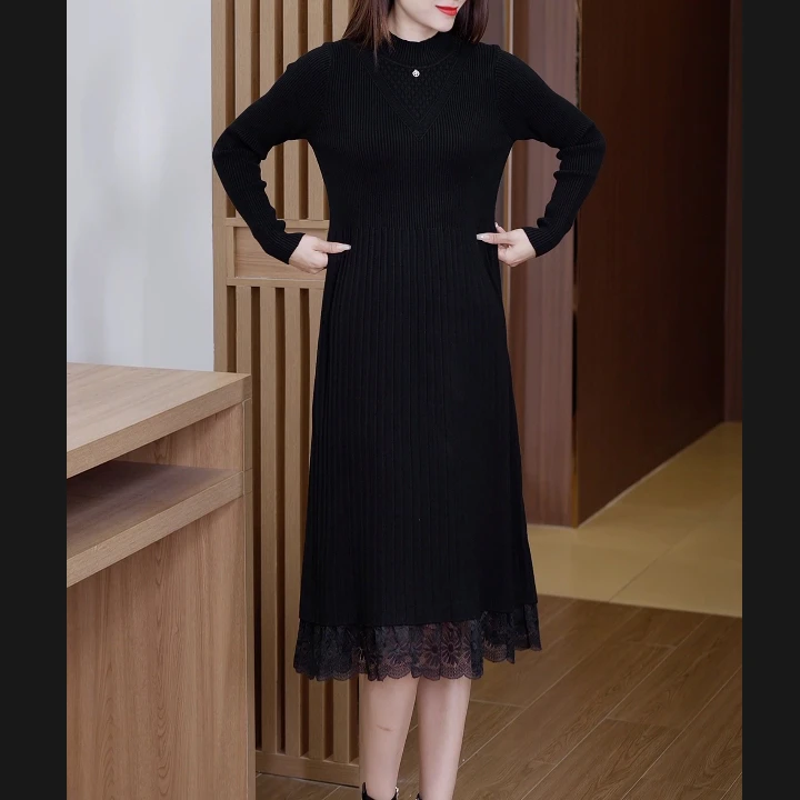 蕾丝针织连衣裙女长款秋冬2024新款配大衣内搭中年妈妈毛衣打底裙