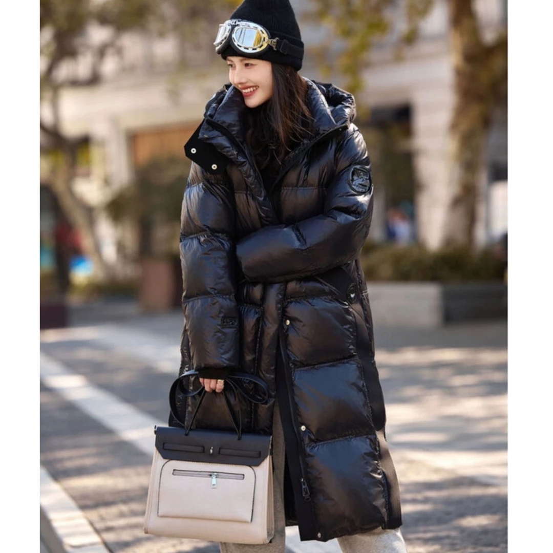 2024冬季时尚气质黑色羽绒服保暖外套女连帽加厚长款2163