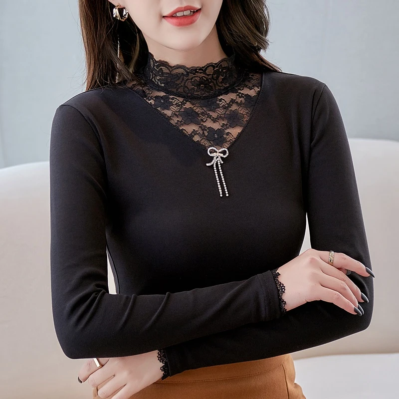 蕾丝拼接打底衫女长袖秋冬装新款半高领修身T恤洋气百搭薄绒上衣