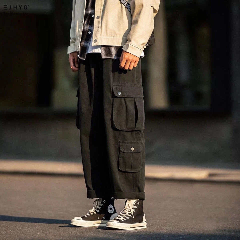 21日系街头潮牌休闲裤男宽松直筒阔腿裤男机能大口袋大码工装长裤