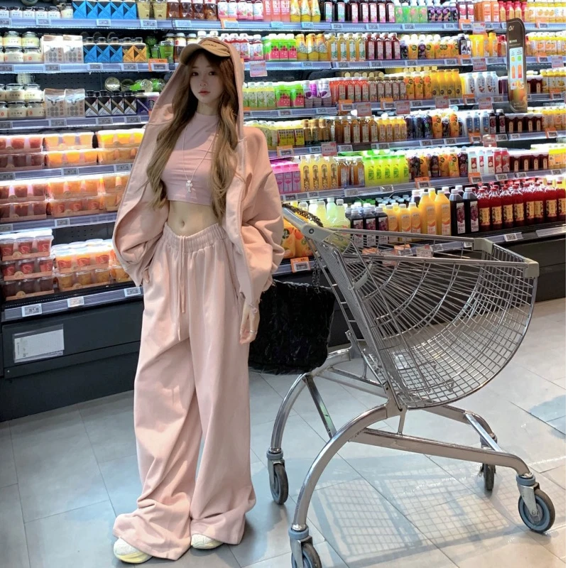 2025秋季新款时尚套装气质温柔休闲百搭慵懒风粉色卫衣外套两件套