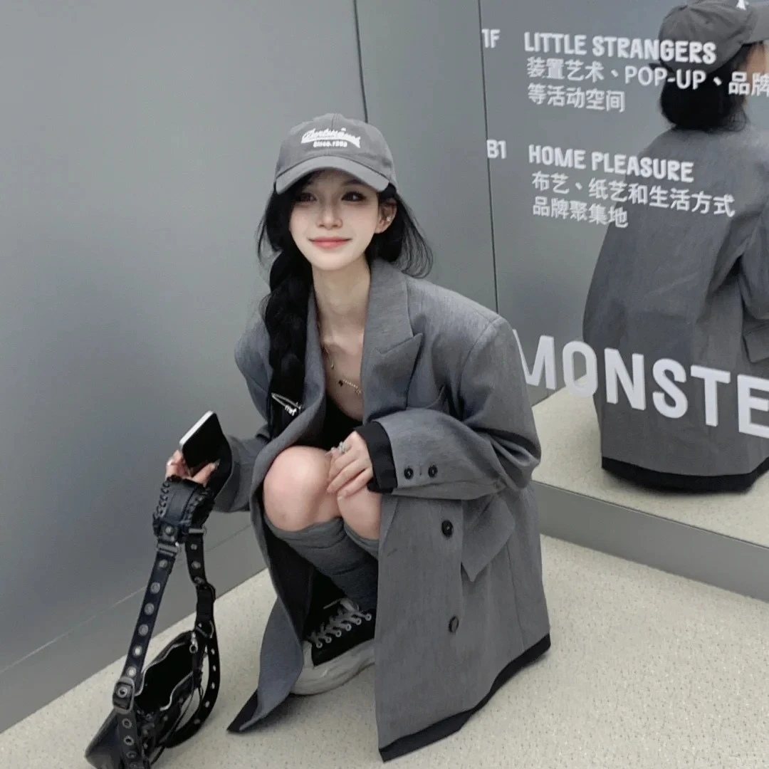 灰色西装外套女秋季2025新款韩系高级感气质宽松休闲小众西服上衣