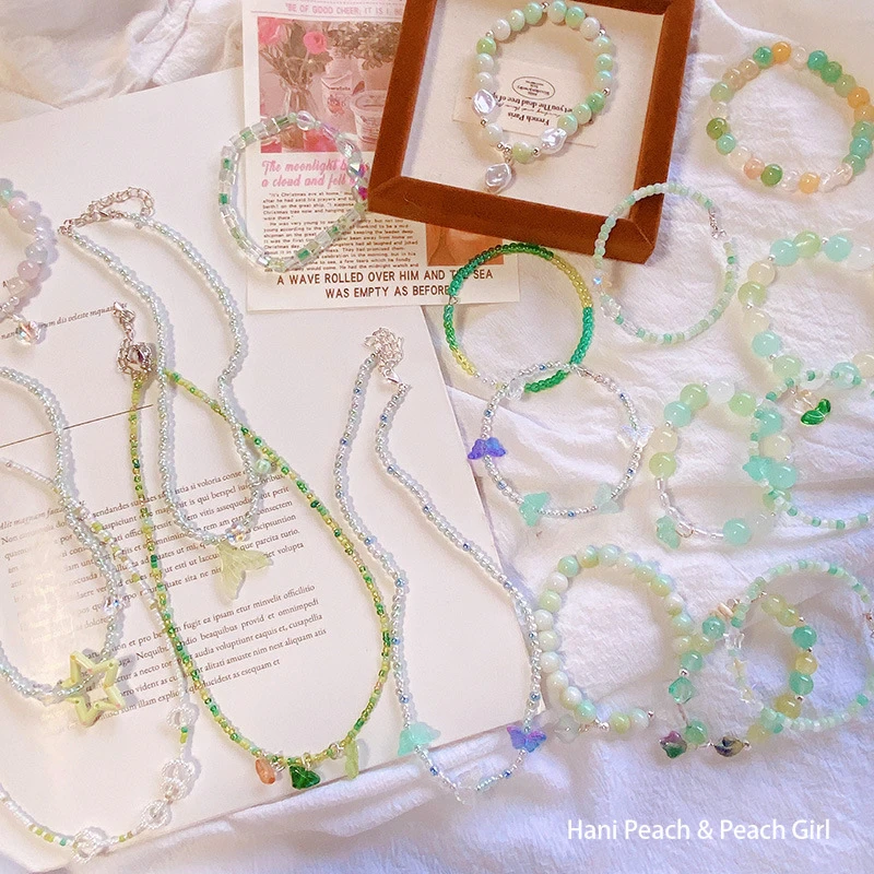 非金属仿水晶手链 3141绿色手链集合！文艺田园森系串珠手链项链女