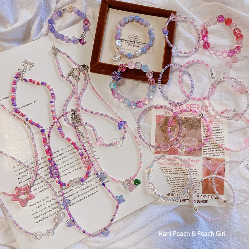 非金属仿珍珠手链 3143粉紫色手链集合！春夏甜酷风辣妹叠戴彩色珠