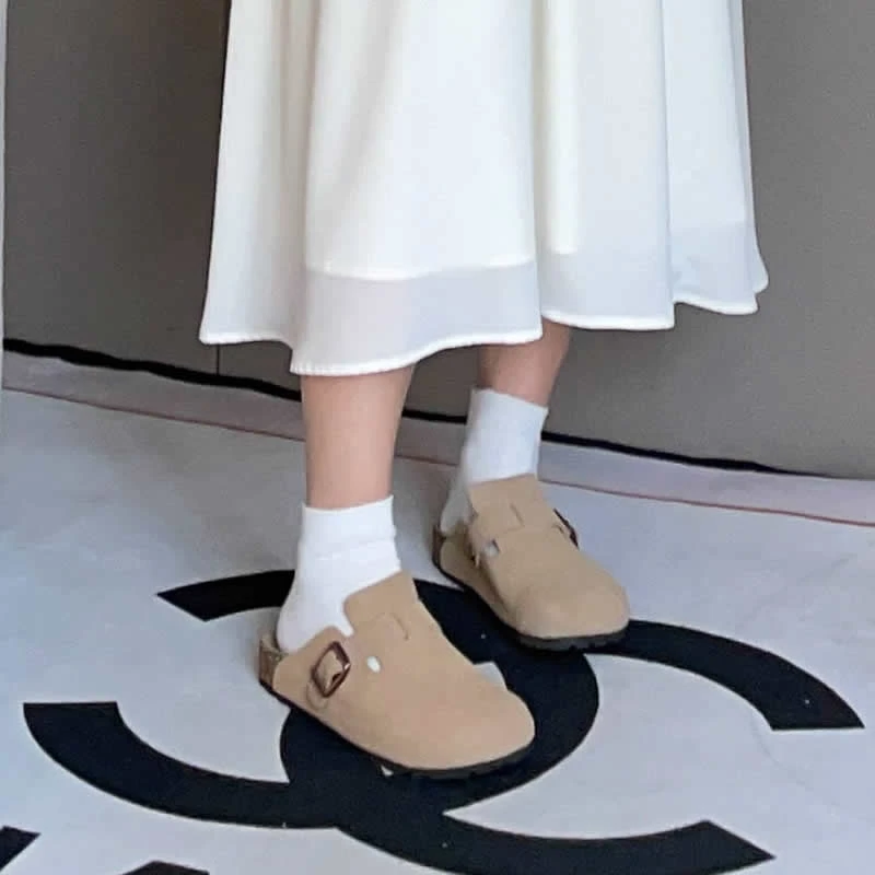大萌萌 真软木百搭厚底勃肯鞋真皮包头半拖鞋女2024年新款博肯鞋
