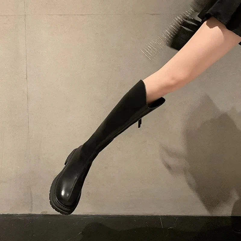 2024新款白色长筒靴女瘦瘦靴显瘦小个子v口骑士靴长靴厚底高筒靴