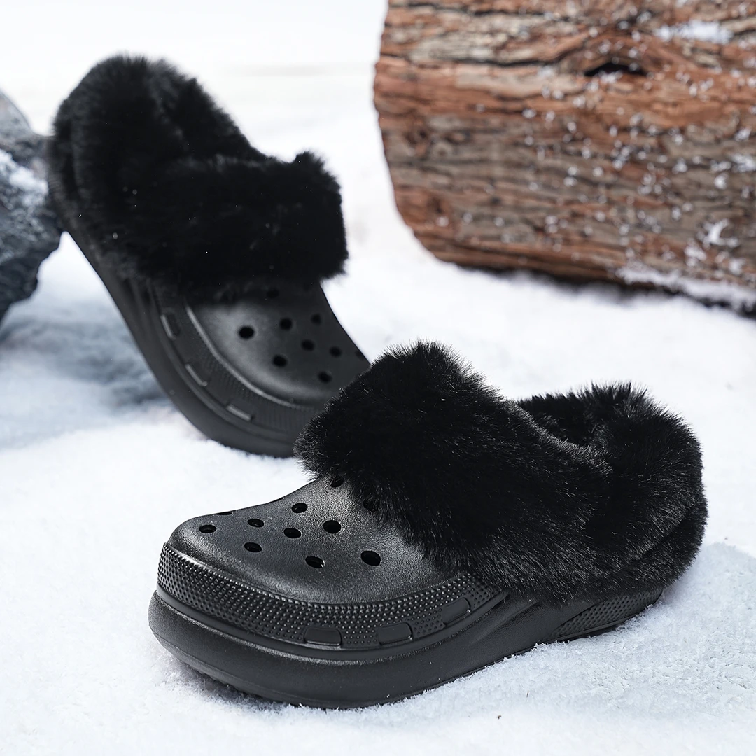 秋冬毛毛拖鞋暖绒保暖泡芙洞洞鞋厚底防滑雪地靴网红情侣款棉拖女