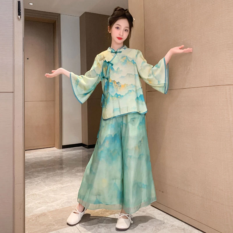 女童新中式连衣裙套装夏款2025新款水墨画旗袍儿童阔腿裤汉服夏季