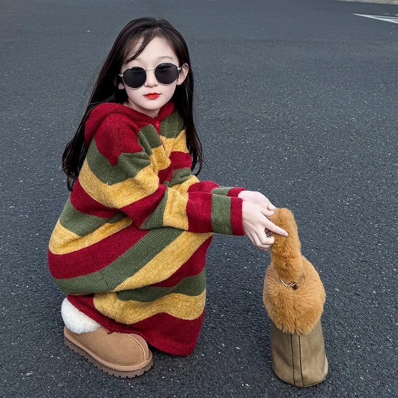 2025新款女童春秋长款过膝毛衣针织连衣裙冬季洋气童装小女孩冬装