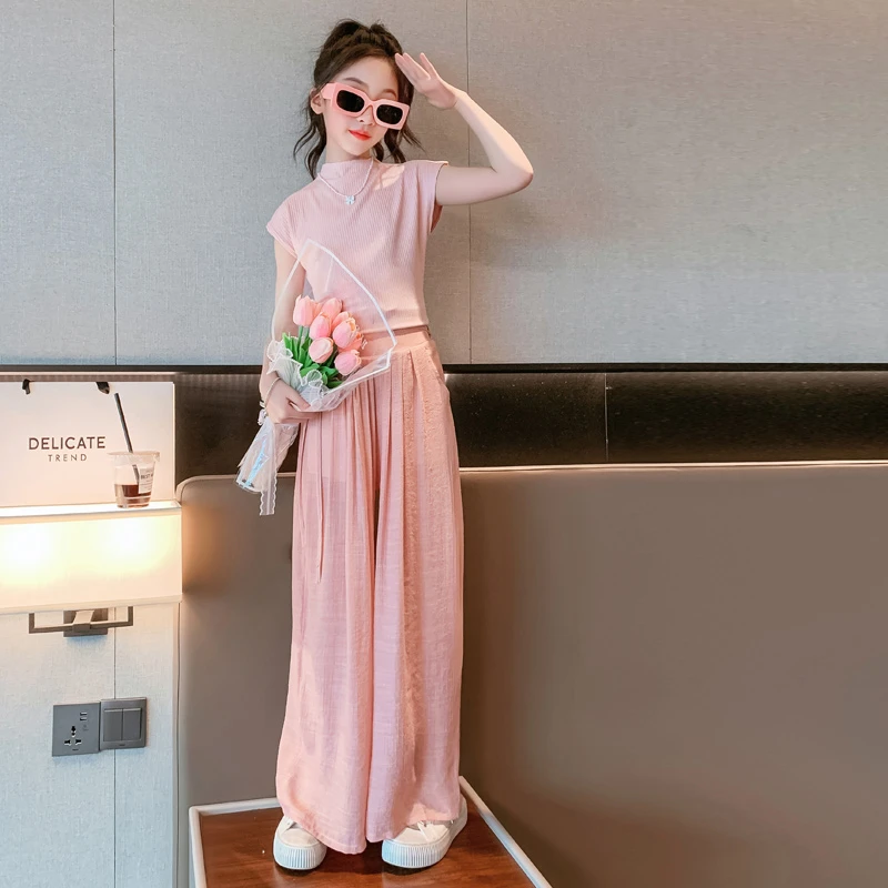 女款女童套装夏季新款大童韩版时尚网红女孩休闲短袖阔腿裤两件套