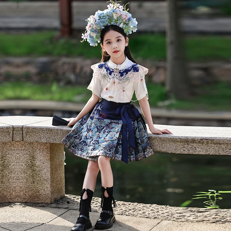 女童短款马面裙套装夏季2024新款中国风儿童唐装女大童新中式汉服