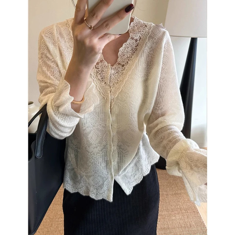 【仙】蕾丝钩花喇叭袖针织衫女欧洲站2025春秋新款欧货毛衣打底衫潮