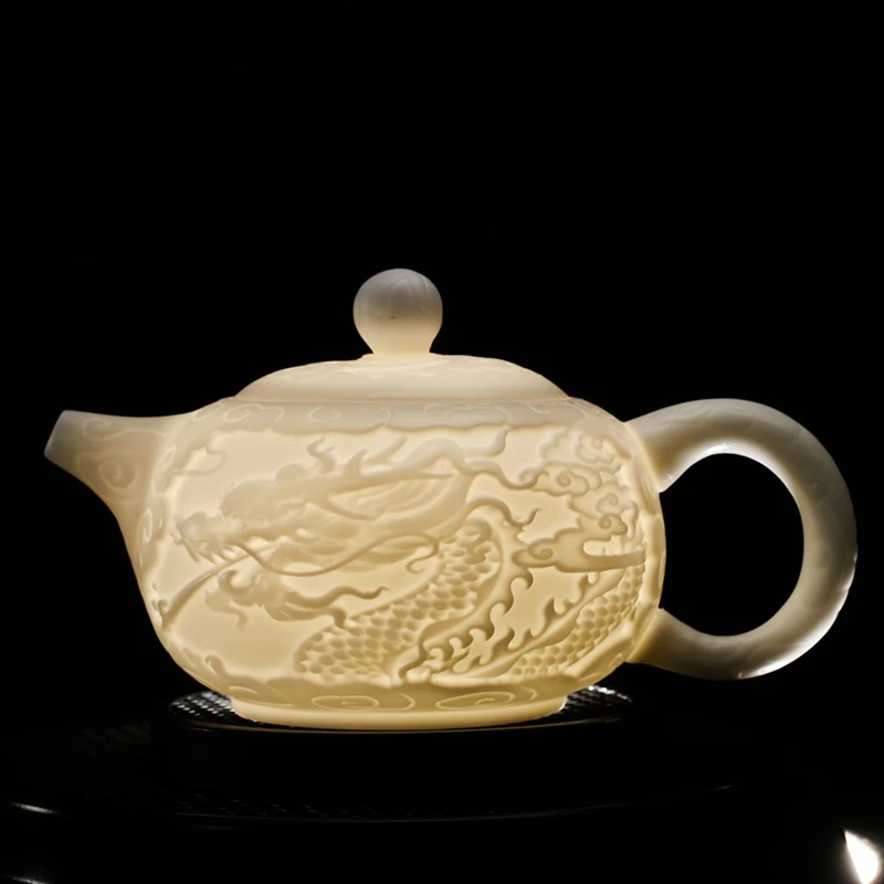 德化羊脂玉白瓷茶壶素烧浮雕祥龙壶中式功夫茶具陶瓷家用泡茶单壶