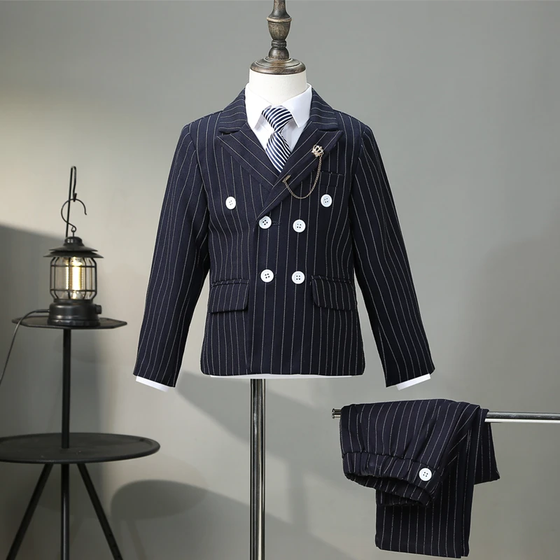 2024秋款新款童装男童西装礼服马甲套装条纹儿童表演衣服英伦风