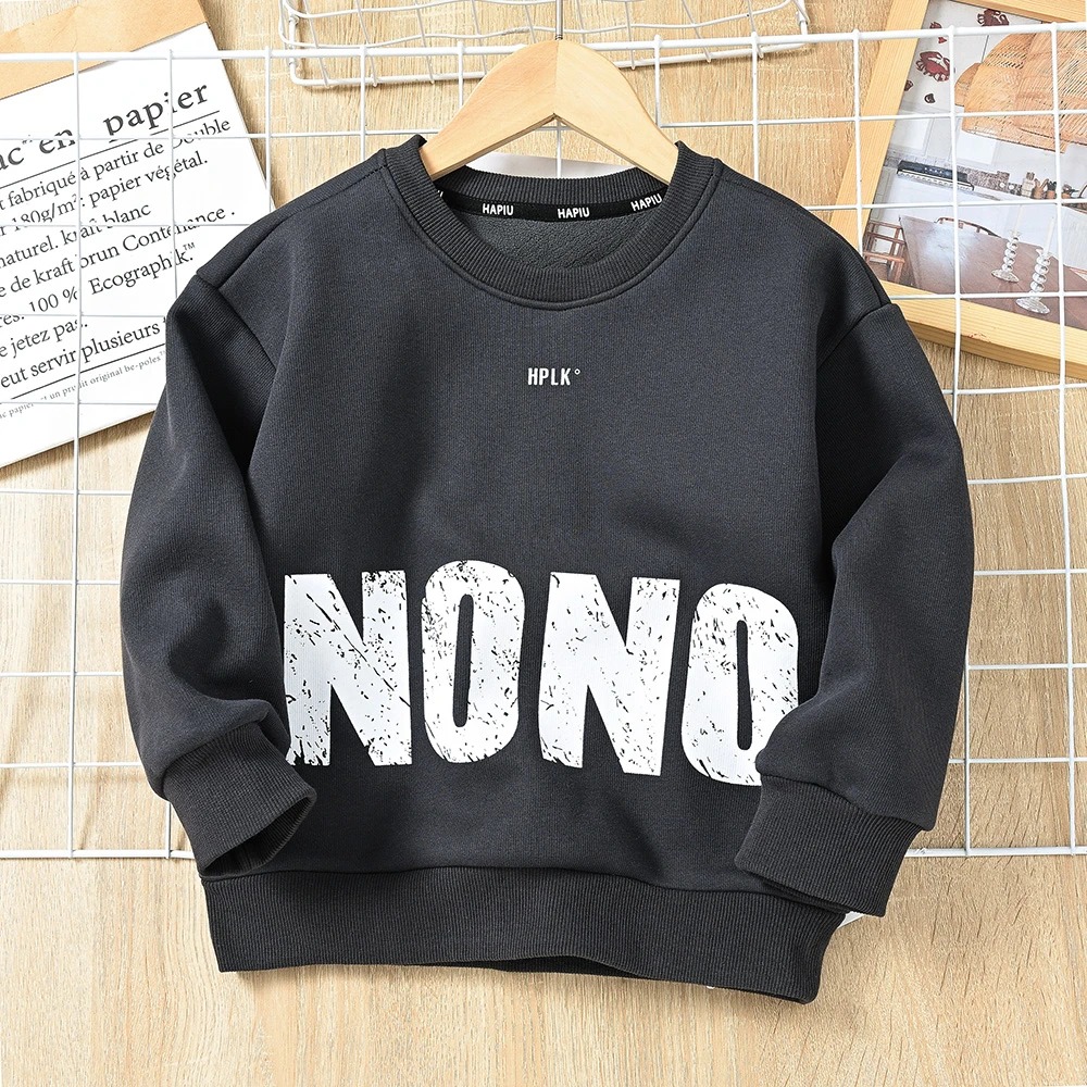 儿童冬季男童青少年秋冬新款中大童印花套头卫衣圆领宽松加绒加厚