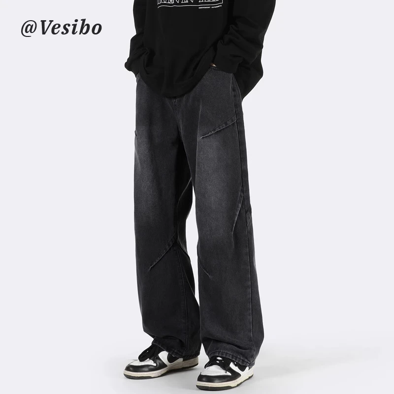 美式复古牛仔裤男春潮牌cleanfit宽松阔腿裤子百搭高街设计感长裤