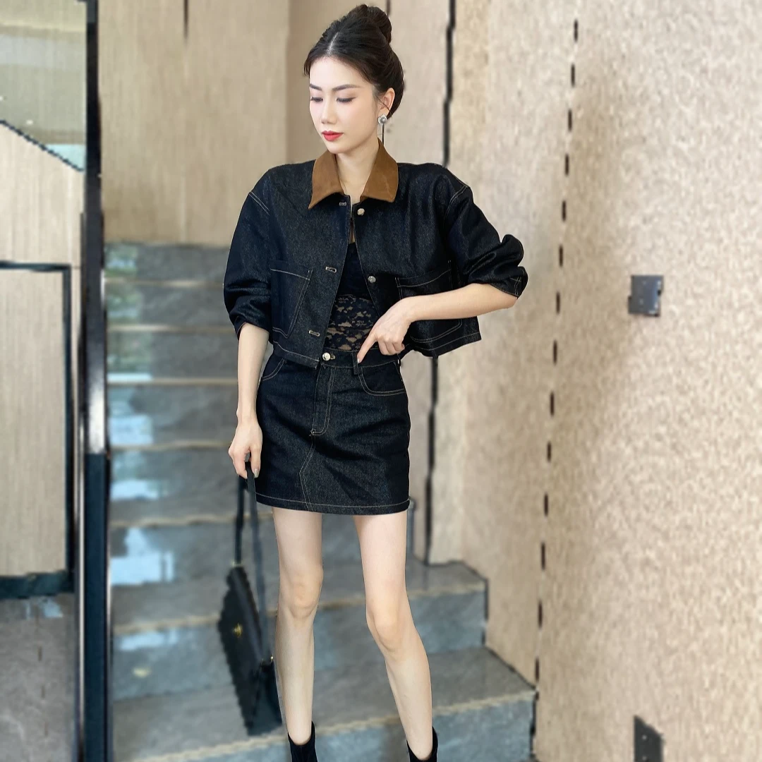 高级感撞色拼接翻领牛仔套装女2024早秋新款外套+半身裙两件套潮