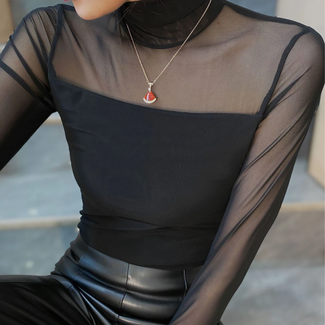 2024新款上衣高级感半高领网纱黑色打底衫时尚洋气女秋季内搭长袖